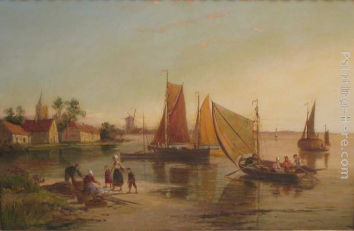 William Raymond Dommersen Shore View with Figures by Boats